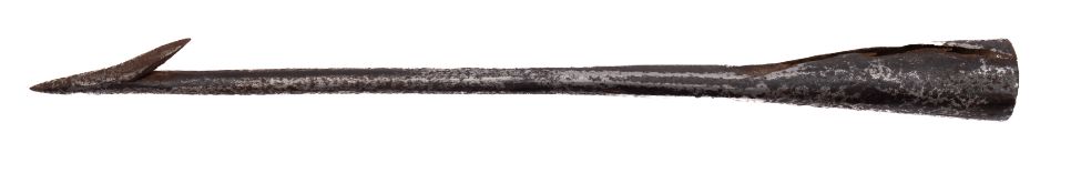 An iron hand forged harpoon tip with single barb and socket mount 42,