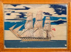 Two mid 19th century woolwork pictures of a 64-gun merchant ship and a steam driven merchant ship: