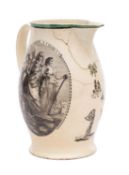 A rare large Liverpool creamware 'Brooks Slavery Ship' jug printed and enamelled on one side with a