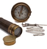 A Walker's 'Cherub' Ship Log dial: together with a ropework mounted brass three draw telescope,