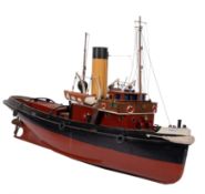 A scale model of the tug 'Tanga': fitted black banded cream stack , aerial masts,