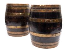 Two oak and brass bound coopered barrels: 41cm high