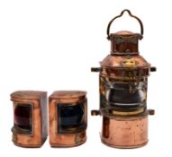 A set of three small copper and brass ship's lamps: 'Masthead', 'Port' & 'Starboard',