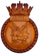 A carved wooden master for the bridge badge for the Type 23 Duke-class frigate HMS 'Argyll' (F231)
