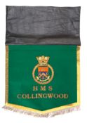 A gilt embroidered lectern pennant for HMS Collingwood: with crest over gilt embroidered text on a