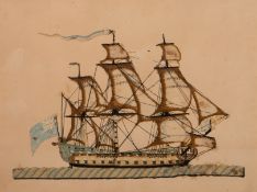 A 19th century cut out woolwork of a 64-gun ship of the line: set sails and flying pennant,