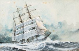 British School (second half 20th century) A sailing ship on a swell signed B.