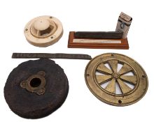 A brass mounted block wheel from the wreck of HMS 'Worcester': 19cm diameter,