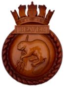 A carved wooden master for the bridge badge for the Broadsword-class frigate HMS Beaver (F93) by