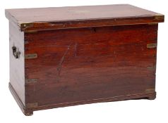 A 19th century teak and brass bound seaman's chest: the rectangular top inset shaped brass
