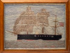 A 19th century woolwork of the Royal Navy Calypso-class corvette HMS 'Callipoe': set full sail and