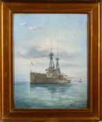 A pair of hand-embellished prints of naval ships, H. M. S. Bellerophon and H. M. S.