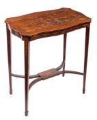 An Edwardian rosewood and marquetry occasional table, bordered with boxwood lines,