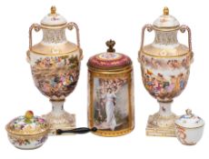 A group of Continental porcelain comprising a pair of late Naples two-handled covered urns moulded