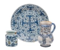 An English blue and white delftware night light holder,