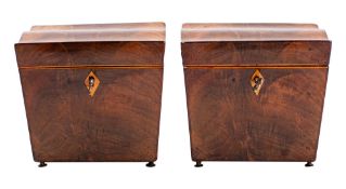 A pair of George III mahogany tea caddies, late 18th Century, of sarcophagus form,