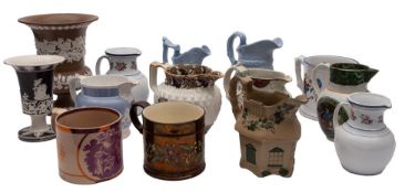 A collection of 19th century pearlware, stoneware and other pottery jugs, mugs and vases [damages].