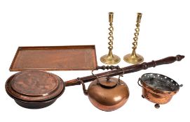 A collection of mixed domestic metalwares includes a pair of brass twist stem candlesticks,