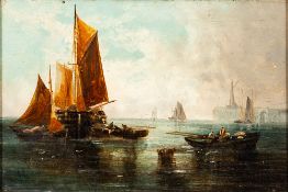 British School (19th Century) Ships and rowing boat in a harbour, oil on panel, 14 x 20cm.