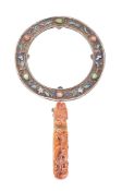 A Chinese magnifying glass in enamel and hardstone decorated white metal frame with associated