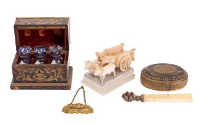 A mixed lot of collectables including a 19th century boulle scent bottle case containing three blue