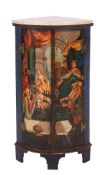 A Continental painted wood and marble topped bow fronted corner cabinet,