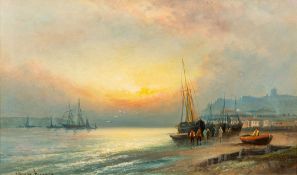 William Langley (British, 1852-1922) Sunset, Low Tide, oil on canvas, 29 x 49cm signed lower left.