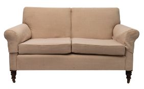 An upholstered two seat sofa by Harrods of London, 20th century, without scrolled arms,