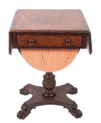 A William IV mahogany and rosewood crossbanded drop flap work table the hinged top with rounded