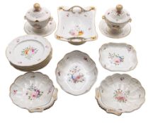 A Derby porcelain part dessert service comprising a low comport, four various dishes,