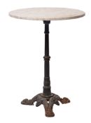A cast iron and veined white marble topped circular garden table,