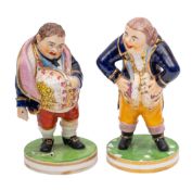 A pair of Derby figures of the Laughing and Crying Philosophers raised on gilt-lined green circular