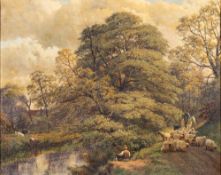 John Joseph Hughes (British, circa 1827-1908/9) A wooded riverbank with a fisherman,