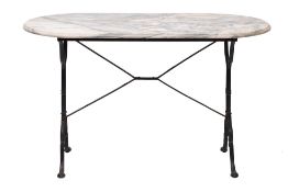 A veined white marble, wrought and cast iron garden table,