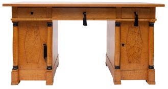 A satinwood and line inlaid pedestal desk in Art Deco taste, by Brights of Nettlebed,