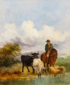 British School, 19th Century A man on horseback with his cows and sheep drinking from a stream,