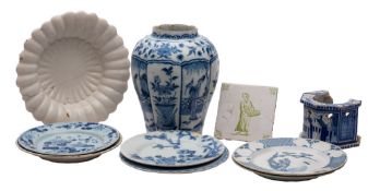 A mixed lot of Dutch and English blue and white delftware and other tin-glazed pottery including a