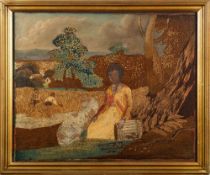 A George III silkwork picture of a maiden in a landscape,