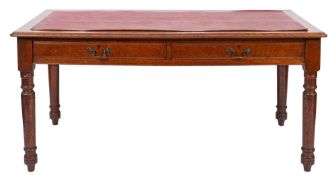 An Edwardian oak rectangular library table, the top with a moulded edge,