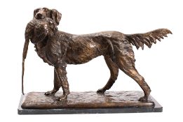 A patinated metal group of a hound with game, in the manner of late 19th century Animaliers' work,