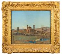 Italian School (early 20th century) A hillside view with a cowherd and cattle and a monastery