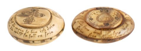 Two Dutch horn snuff/pill boxes,