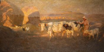 Frederick Hall (British, 1860-1948) A young woman herding cattle in a sunlit evening landscape,