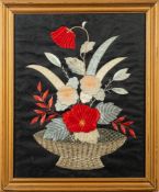 Two Japanese silk and metal thread pictures one depicting pheasants amongst pine branches,