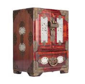 A Chinese brass and jade mounted stained wood table cabinet the pale celadon jade plaques carved