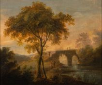 Irish School (19th century) A river landscape with figures crossing a bridge indistinctly inscribed