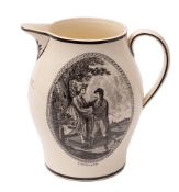 A Liverpool creamware jug, of oviform with strap handle,