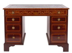 An Edwardian mahogany and marquetry pedestal desk, in George III Sheraton taste,