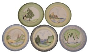 Five Clarice Cliff Bizarre Crayon Scenes plates,
