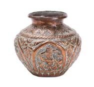 A Burmese copper vase repousse decorated with arched panels of deities and other figures on a